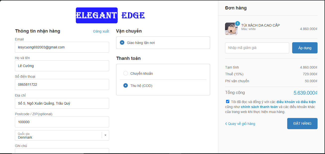 Điền thông tin checkout